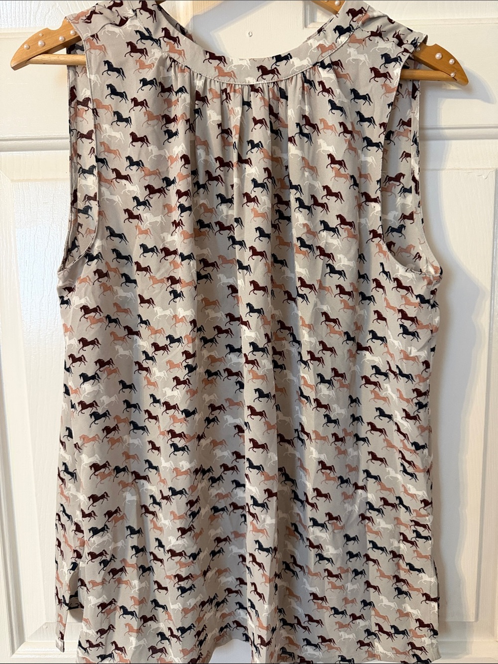 LOFT Cream Sleeveless Tie-Neck Blouse with Brown & Black Horse Print